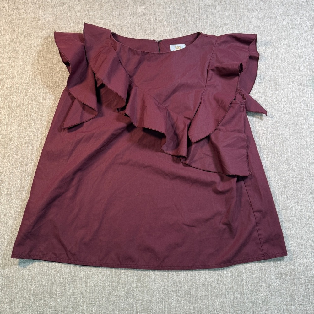 Plains & Prints x Vania Romoff Womens S Burgundy Ruffle Sleeveless Blouse Top